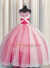 Beauteous Coral Red Sweet 16 Quinceanera Dress Military Ball and Sweet 16 and Quinceanera and For with Beading and Sequins and Ruching Spaghetti Straps Sleeveless Lace Up