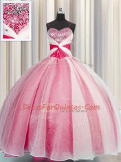 Beauteous Coral Red Sweet 16 Quinceanera Dress Military Ball and Sweet 16 and Quinceanera and For with Beading and Sequins and Ruching Spaghetti Straps Sleeveless Lace Up