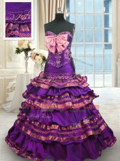 New Style Lace Up Quinceanera Gowns Purple for Military Ball and Sweet 16 and Quinceanera with Appliques and Ruffled Layers and Bowknot Brush Train