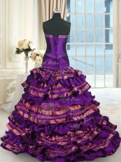 New Style Lace Up Quinceanera Gowns Purple for Military Ball and Sweet 16 and Quinceanera with Appliques and Ruffled Layers and Bowknot Brush Train
