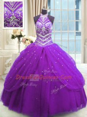 Luxury Floor Length Lace Up Quinceanera Gown Purple for Military Ball and Sweet 16 and Quinceanera with Beading