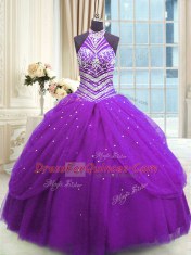 Luxury Floor Length Lace Up Quinceanera Gown Purple for Military Ball and Sweet 16 and Quinceanera with Beading
