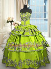New Style Yellow Green Lace Up Quinceanera Gown Embroidery and Ruffled Layers Sleeveless Floor Length