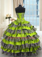 New Style Yellow Green Lace Up Quinceanera Gown Embroidery and Ruffled Layers Sleeveless Floor Length