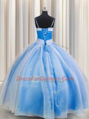 Nice Spaghetti Straps Sleeveless Quinceanera Gowns Floor Length Beading and Sequins and Ruching Baby Blue Chiffon