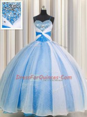 Nice Spaghetti Straps Sleeveless Quinceanera Gowns Floor Length Beading and Sequins and Ruching Baby Blue Chiffon
