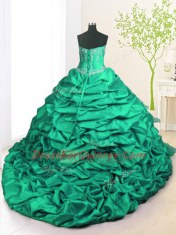 Sleeveless With Train Beading and Appliques and Ruffled Layers and Pick Ups Lace Up 15 Quinceanera Dress with Turquoise Brush Train