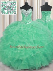 Apple Green Organza Lace Up Ball Gown Prom Dress Sleeveless Floor Length Beading and Ruffles
