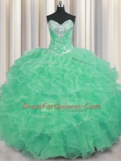 Apple Green Organza Lace Up Ball Gown Prom Dress Sleeveless Floor Length Beading and Ruffles
