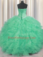 Apple Green Organza Lace Up Ball Gown Prom Dress Sleeveless Floor Length Beading and Ruffles