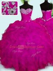 Dramatic Sleeveless Organza Floor Length Lace Up Sweet 16 Dress in Fuchsia with Beading and Ruffles