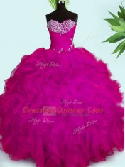 Dramatic Sleeveless Organza Floor Length Lace Up Sweet 16 Dress in Fuchsia with Beading and Ruffles