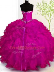 Dramatic Sleeveless Organza Floor Length Lace Up Sweet 16 Dress in Fuchsia with Beading and Ruffles