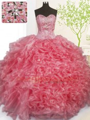 Wonderful Organza Sweetheart Sleeveless Lace Up Beading and Ruffles and Pick Ups Quinceanera Gowns in Rose Pink