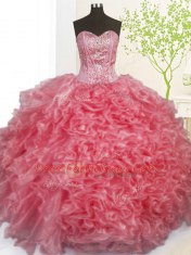 Wonderful Organza Sweetheart Sleeveless Lace Up Beading and Ruffles and Pick Ups Quinceanera Gowns in Rose Pink