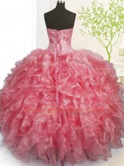Wonderful Organza Sweetheart Sleeveless Lace Up Beading and Ruffles and Pick Ups Quinceanera Gowns in Rose Pink