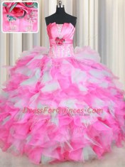 Luxurious Pink And White Lace Up Strapless Beading and Ruffles and Hand Made Flower Sweet 16 Dresses Organza Sleeveless