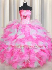 Luxurious Pink And White Lace Up Strapless Beading and Ruffles and Hand Made Flower Sweet 16 Dresses Organza Sleeveless