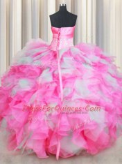 Luxurious Pink And White Lace Up Strapless Beading and Ruffles and Hand Made Flower Sweet 16 Dresses Organza Sleeveless
