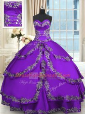 Floor Length Lace Up Quinceanera Dress Purple for Military Ball and Sweet 16 and Quinceanera with Beading and Appliques and Ruffled Layers