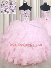 Flare Baby Pink Sleeveless Organza Lace Up 15th Birthday Dress for Military Ball and Sweet 16 and Quinceanera