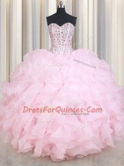 Flare Baby Pink Sleeveless Organza Lace Up 15th Birthday Dress for Military Ball and Sweet 16 and Quinceanera