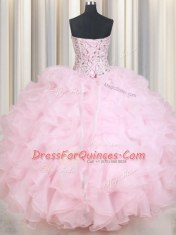 Flare Baby Pink Sleeveless Organza Lace Up 15th Birthday Dress for Military Ball and Sweet 16 and Quinceanera