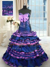 Wonderful Taffeta Sleeveless 15 Quinceanera Dress Brush Train and Appliques and Ruffled Layers and Bowknot