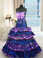 Wonderful Taffeta Sleeveless 15 Quinceanera Dress Brush Train and Appliques and Ruffled Layers and Bowknot
