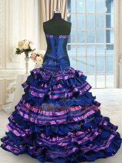 Wonderful Taffeta Sleeveless 15 Quinceanera Dress Brush Train and Appliques and Ruffled Layers and Bowknot