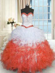 Custom Design White And Red Organza Lace Up Sweetheart Sleeveless Floor Length Quince Ball Gowns Beading and Ruffles