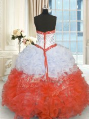 Custom Design White And Red Organza Lace Up Sweetheart Sleeveless Floor Length Quince Ball Gowns Beading and Ruffles