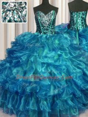 Beauteous Teal Sleeveless Organza Lace Up 15 Quinceanera Dress for Military Ball and Sweet 16 and Quinceanera