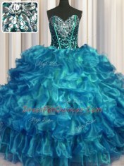 Beauteous Teal Sleeveless Organza Lace Up 15 Quinceanera Dress for Military Ball and Sweet 16 and Quinceanera