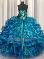 Beauteous Teal Sleeveless Organza Lace Up 15 Quinceanera Dress for Military Ball and Sweet 16 and Quinceanera