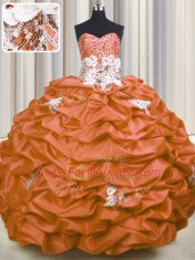 Graceful Orange Red Taffeta Lace Up Sweet 16 Quinceanera Dress Sleeveless With Brush Train Appliques and Sequins and Pick Ups