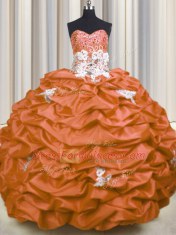 Graceful Orange Red Taffeta Lace Up Sweet 16 Quinceanera Dress Sleeveless With Brush Train Appliques and Sequins and Pick Ups