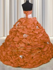 Graceful Orange Red Taffeta Lace Up Sweet 16 Quinceanera Dress Sleeveless With Brush Train Appliques and Sequins and Pick Ups