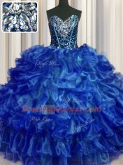 Perfect Royal Blue Lace Up Sweetheart Beading and Ruffles Quince Ball Gowns Organza Sleeveless