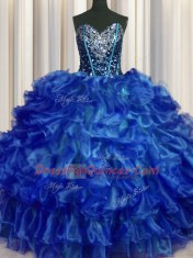 Perfect Royal Blue Lace Up Sweetheart Beading and Ruffles Quince Ball Gowns Organza Sleeveless