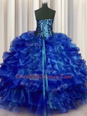 Perfect Royal Blue Lace Up Sweetheart Beading and Ruffles Quince Ball Gowns Organza Sleeveless