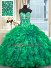 Fantastic Lace Up Vestidos de Quinceanera Turquoise for Military Ball and Sweet 16 and Quinceanera with Beading and Ruffles Brush Train