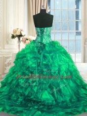 Fantastic Lace Up Vestidos de Quinceanera Turquoise for Military Ball and Sweet 16 and Quinceanera with Beading and Ruffles Brush Train