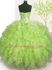Charming Sleeveless Floor Length Beading and Ruffles and Pick Ups Lace Up Quince Ball Gowns with Yellow Green