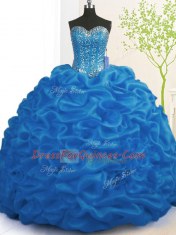 Shining Brush Train Ball Gowns 15th Birthday Dress Royal Blue Sweetheart Organza Sleeveless With Train Lace Up