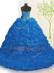 Shining Brush Train Ball Gowns 15th Birthday Dress Royal Blue Sweetheart Organza Sleeveless With Train Lace Up