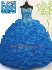 Shining Brush Train Ball Gowns 15th Birthday Dress Royal Blue Sweetheart Organza Sleeveless With Train Lace Up