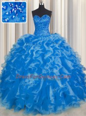 Sweetheart Sleeveless Quinceanera Gown Floor Length Beading and Ruffles Blue Organza