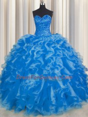 Sweetheart Sleeveless Quinceanera Gown Floor Length Beading and Ruffles Blue Organza