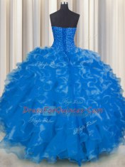 Sweetheart Sleeveless Quinceanera Gown Floor Length Beading and Ruffles Blue Organza